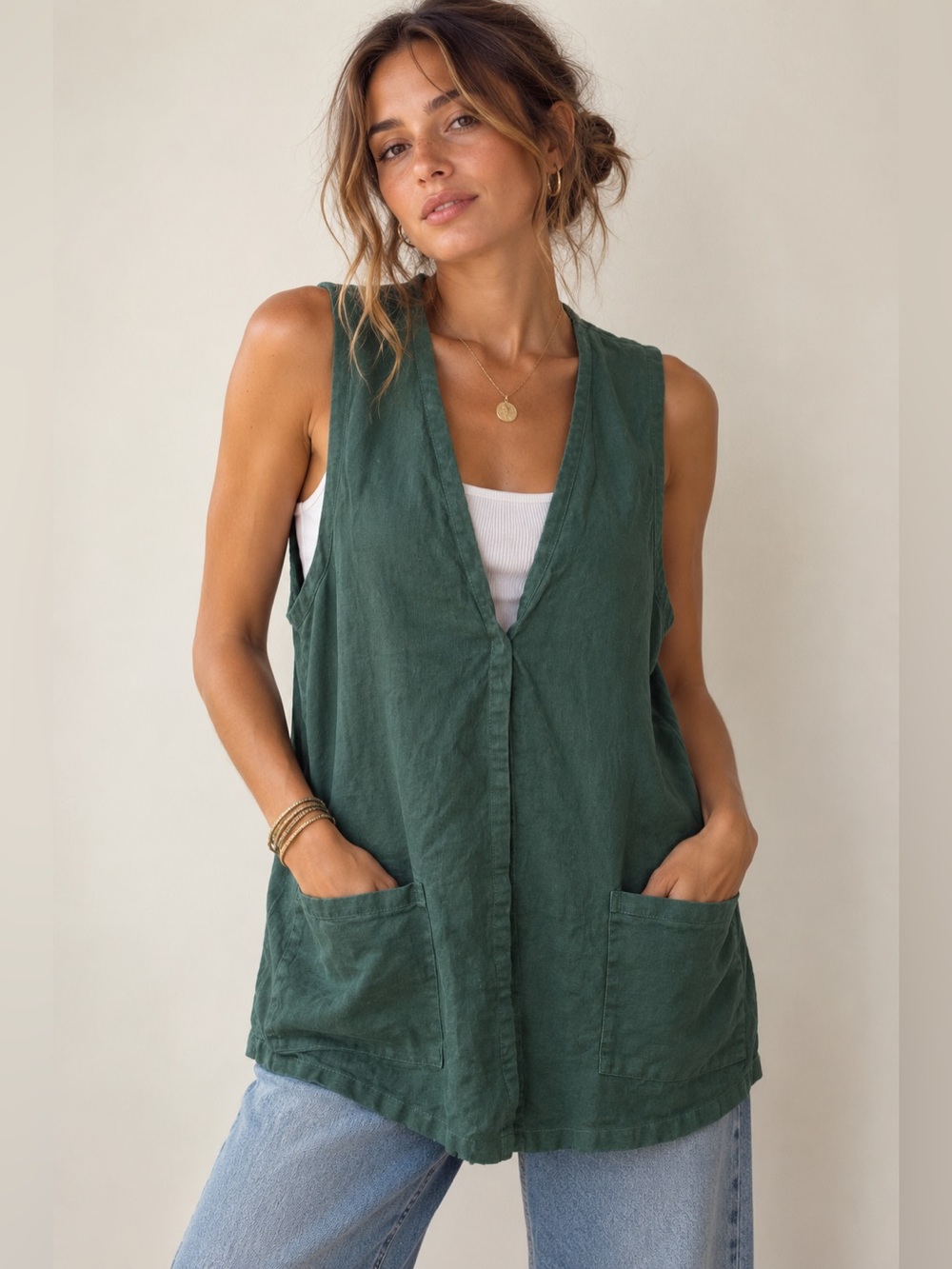Vintage Chico’s 100% Linen Tunic Vest Green Size 2 Large